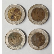 HONG KONG 1994 / 1995 . TEN 10 DOLLAR COINS . 4x BI-METAL USED COINS . VERY SCARCE